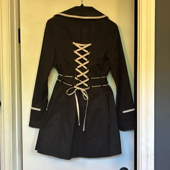 Betsey Johnson Black Trench Coat with Cream Accents - Picture 3 of 7